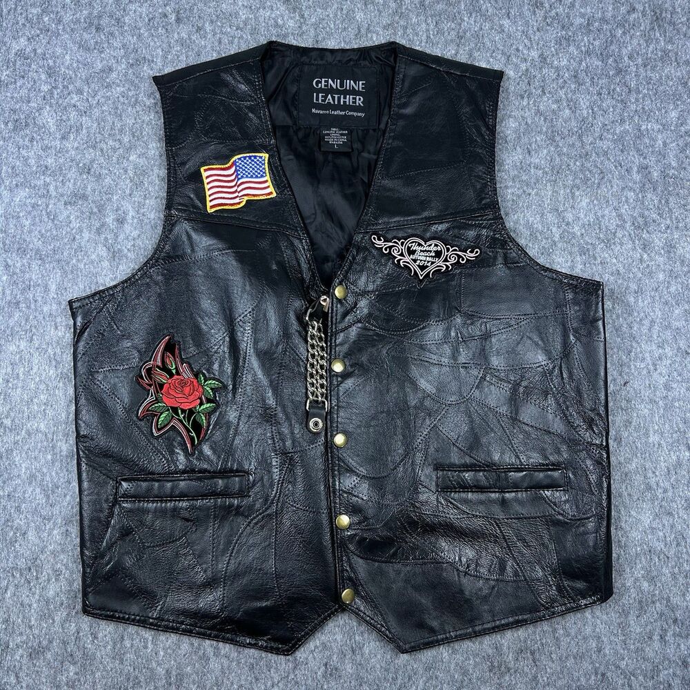 Navarre Leather Company Genuine Leather Vest With Patches Biker Black Size Large
